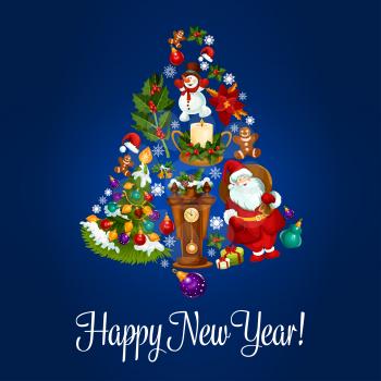 Happy New Year. Vector poster with christmas symbols of jingle bell, christmas balls, santa claus, new year gifts, sweets, wall clock, christmas tree with garland lights, gingerbread cookies, candles,