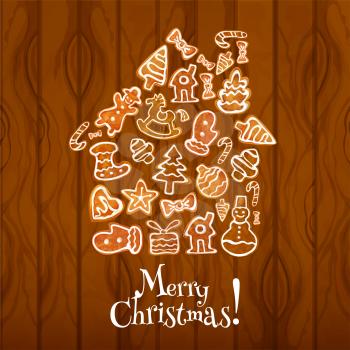 Merry Christmas symbol in house shape of gingerbread cookies. Vector poster of traditional christmas sweets, cookies, biscuits in shape of gift box, stocking, mittens, snowman, stars, christmas balls.