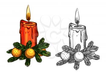 Christmas burning candle with fir tree branches, bow garland, christmas balls. Vector sketch isolated icons set for new year design