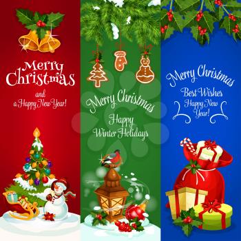 Christmas banners set. New Year decorated fir tree. Santa bag with gifts, sleigh. Winter holidays greeting cards with snowman, bullfinch, snow on pine tree branches, holly leaves with berries, jingle 