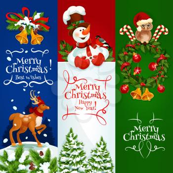 Christmas, New Year banners set. Vector reindeer in winter forest, snowman with christmas tree, owl in santa hat with christmas decoration wreath of holly leaves and berries. Greeting, congratulation 