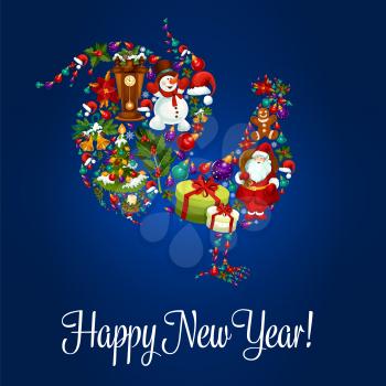 Happy New Year poster. Rooster cock 2017 new year symbol of christmas holiday santa gifts bag, snowman, reindeer sleigh, gingerbread man, poinsettia star flower, christmas decorations, cuckoo clock. V