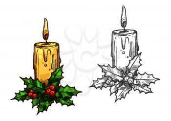 Christmas candle with holly sketch icon. Vector isolated christmas tree light burning on bow of holly leaves