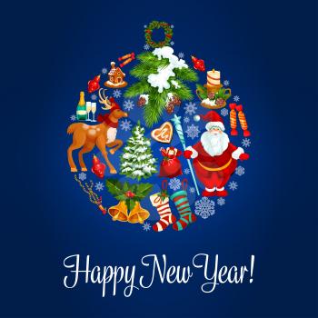 Happy New Year vector poster, greeting card with symbol of ball ornament, santa in hat, reindeer, gifts, gingerbread house, stocking, holly wreath, poinsettia star flower, snowflake, bells, candy cane