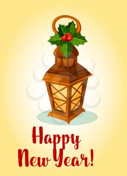 Happy New Year greeting card, poster with vector candle lantern lamp, decorated with holly bow