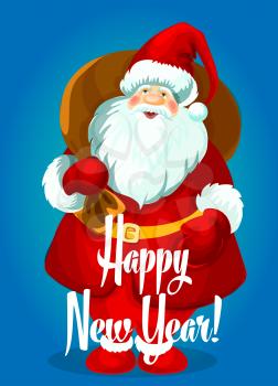 Happy New Year greeting card. Santa Claus with big gifts bag, standing and smiling in winter boots, mittens, red hat. Vector holiday poster