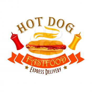 Hot dog sign of fast food sandwich with sausage, ketchup and mustard sauces in wheat bun, ribbon banner and text Express Delivery