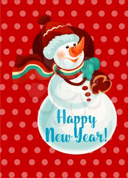 New Year snowman with gift bag greeting card. Snowman in red knitted hat, scarf and gloves holding sack with christmas present. Happy New Year poster design