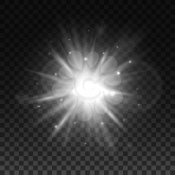 Light flare or star explosion with glowing sparkles and lens flare effect. Shining sunburst light effect on transparent background. Sunlight background for art design