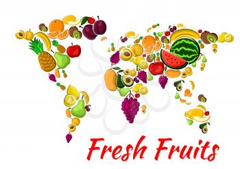 Fruit world map with fresh orange, banana, apple, mango, lemon and grape, pineapple and peach, plum and kiwi, pear, apricot and avocado, watermelon. Farming food, vegetarian nutrition design