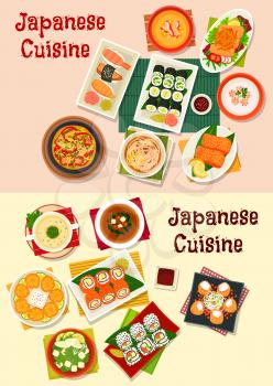 Japanese cuisine seafood sushi dishes icon served with grilled fish, salmon roll and salad, shrimp, beef noodle, chicken, tofu and crab soups with spinach, mushroom and corn, fried wonton
