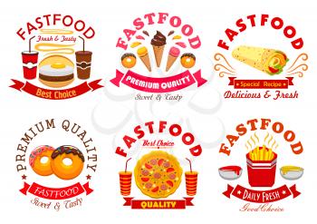 Fast food symbol set. Burger, pizza, coffee and soda drinks, french fries, burrito, donut and ice cream sign with ribbon banner and star. Fast food cafe, pizzeria menu or food packaging design