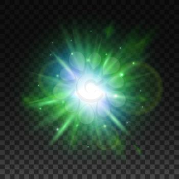 Shining star or sun with green radiance of glare beam, glittering sparkle and lens flare. Transparent green light effect, glowing sunlight or star burst for art design
