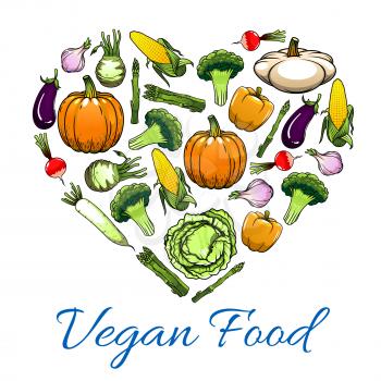 Vegetable love heart poster with pepper, cabbage, broccoli, eggplant, garlic, corn, pumpkin, radish, kohlrabi, asparagus, pattypan squash. Vegetarian food, dieting, healthy nutrition design