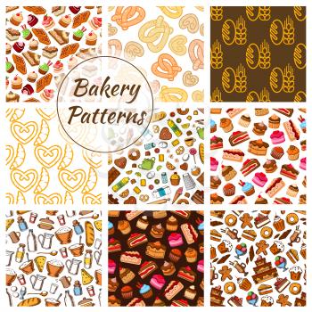 Bakery and pastry food seamless pattern background set. Bread, cake, cupcake, croissant, chocolate, donut, pie, candy and baking ingredients. Bakery and pastry desserts design