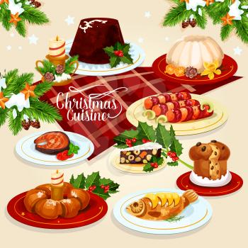 Christmas festive dishes menu icon of xmas pudding, sweet Christmas wreath, stuffed fish, salted salmon, bacon wrapped sausage, raisins sweet bread, fruit and nut panforte with holly berry and candle