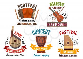 Musical instruments. Vector isoloated icons for music festival, live concert, folk fest. Badges of harmonica accordion, flute, violin, contrabass, music notes clef, ethnic djembe drum, string bandura,