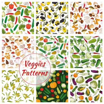 Veggies patterns. Set of vector seamless vegetarian background of vegetables. Fresh vegan organic olive, cabbage, champignon mushroom, pumpkin, cauliflower, chanterelle, garlic, morel, cucumber, cep, 