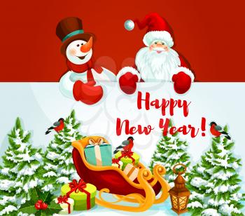 Santa Claus and snowman holding a New Year greeting card of santa sleigh with gift and present box, holly berry and lantern, pine tree covered with snow. Winter holiday design