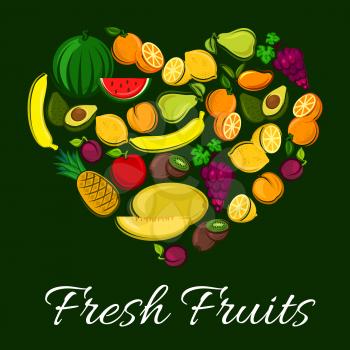 Fruits heart poster. Vector heart symbol of fresh sweet farm and tropical fruits pineapple, watermelon, avocado, apple, orange, plum, lemon citrus, banana, grape, mango, melon, kiwi, apricot, peach