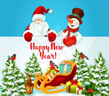 Santa Claus and snowman holding a New Year greeting card of santa sleigh with xmas gift and present box, holly berry and lantern, pine tree covered with snow. Winter holiday design