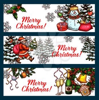 Christmas and New Year winter holidays banner set. Snowman with gift, Santa Claus with xmas tree, holly berry wreath with bell, snowflake, gingerbread and bauble ball. Sketched poster for xmas design
