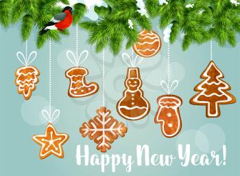 Green pine tree with gingerbread cookies greeting poster. Snowy pine branch with bullfinch and hanging ginger cookie snowflake, star, tree, snowman and sock, bauble ball and glove. Happy New Year card