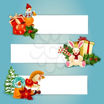 Gifts and toys banners set. Gift boxes with bow, holly berry, candy cane and pine tree, snow globe and poinsettia, rabbit, horse and clown toy. Festive banners ofr New Year holiday design