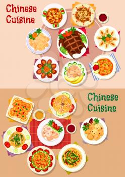 Chinese cuisine peking duck icon served with shrimp, pork, bean noodles, egg and chicken roll with pork, fried wonton, liver, lamb, sweet pork and chicken with fruit, beef coin patty, ginger chicken
