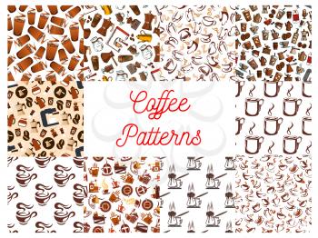 Coffee cups and coffee makers seamless patterns. Background wallpapers with vector icons of vintage coffee mill, turkish cezve, espresso machine, retro coffee grinder, moka pot, macchinetta, milk pack