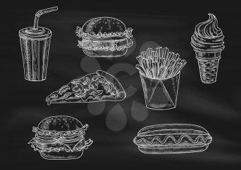 Fast food chalk sketch icons on blackboard. Snacks, desserts, drinks. Isolated vector french fries in box, pizza slice, soda coke, cheeseburger, hamburger, hot dog, ice cream cone