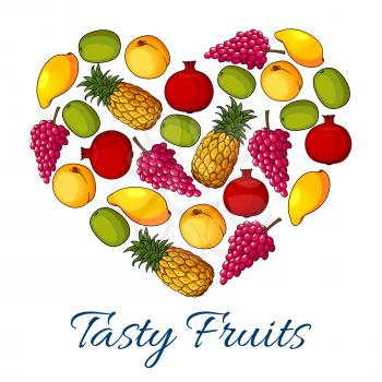 Fruits and berries poster in heart shape with grape, mango, apple, apricot, peach, pomegranate, tropical pineapple and kiwi