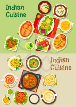 Indian cuisine icon with turkey curry, pilau, vegetable, meat and fish salad, soup with seafood, tomato and pea, chicken and salmon stew, fried shrimp and perch, rice dessert, mango yogurt drink
