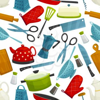 Kitchenware, dishware seamless pattern. Vector background of cooking utensils electric kettle pot, coffee maker with cooking glove, knife and cutting board, saucepan and grater