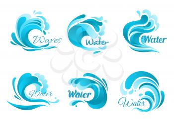 Waves vector isolated icons. Ocean water wave blue symbols in form of splashes, tide water rollers, stormy curling sea waves, foamy stormy curls, wavy flows with surfing gales