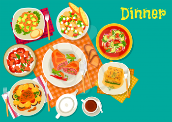 Meat dishes with fresh salads icon of vegetable salad, baked pork, fish rice salad, shrimp avocado salad, spinach lasagna, mushroom salad with sweet corn, lamb cutlet with vegetables