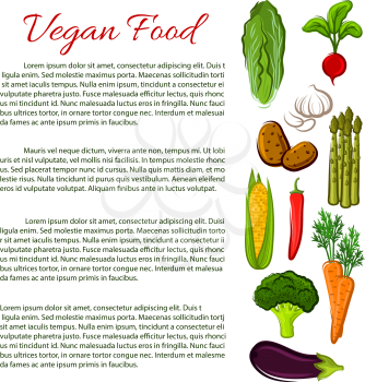 Vegan healthy food poster. Vegetarian nutrition information. Vector infographics with vegetables radish, chinese cabbage, garlic, corn, potato, asparagus, corn, chili pepper, carrot, broccoli, eggplan