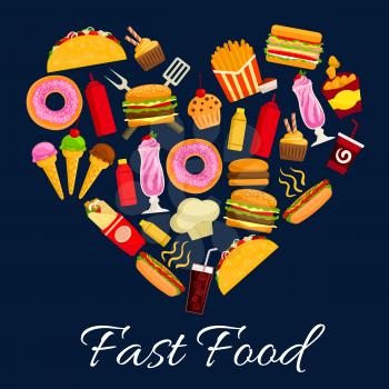 Fast food heart symbol of vector flat icons of cheeseburger, pizza and burrito, french fries with nachos chips. Takeaway poster with meal hot dog, soda drink and ice cream, popcorn, tacos and donuts, 