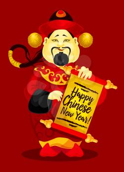 Chinese New Year god of wealth and prosperity holding the parchment scroll with wishes of Happy Chinese New Year. Spring Festival greeting card or holiday poster design