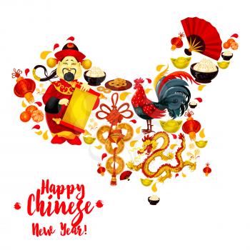 Map of China made up of Chinese New Year symbols. Rooster, lantern, golden dragon, fortune coin, god of wealth, mandarin fruit, gold ingot, festive food and folding fan. Chinese New Year theme design
