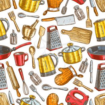 Kitchenware sketch pattern of dishware and cooking utensils electric kettle, spatula and knife, grater with cooking glove, cutting board, fork, mixer, saucepan and frying pan, salt and pepper. Vector 