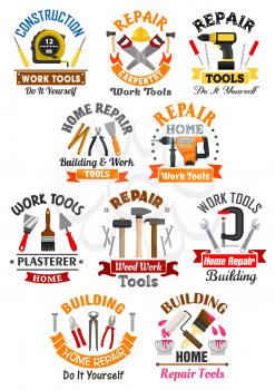 Repair, construction, building, carpentry emblems with work tools icons. measure tape and screwdriver, safety helmet and ax, electric drill and pliers, paint brush and plaster trowel, hammer and vise 