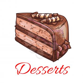 Desserts. Chocolate cake icon. Patisserie shop emblem. Vector sweet cupcake with topping. Template for cafe menu card, cafeteria signboard, bakery label