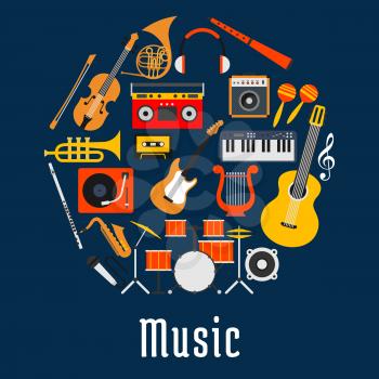 Music round symbol with guitar, drum set, saxophone, microphone, trumpet, violin, horn, synthesizer, record player, lyre, loudspeaker, headphones, flute, maracas, compact cassette and boombox