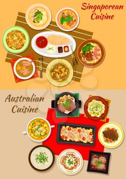 Singaporean and australian cuisine icon with chicken rice, baked salmon, seafood and meat soups, grilled and boiled beef, meat roll, noodles with dumplings, vegetable salad and fruit dessert