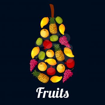 Pear symbol composed of fresh fruits. Sweet mango, pineapple, peach, grape, kiwi and pomegranate fruits arranged in a pear shaped silhouette for juice and food packaging design