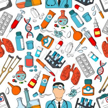 Medicine seamless pattern. Vector pattern of medical tools and treatment doctor, lungs, syringe, pills, doctor, dropper, ointment, dna, medications, equipment, bacteria, stethoscope, crutch, vial