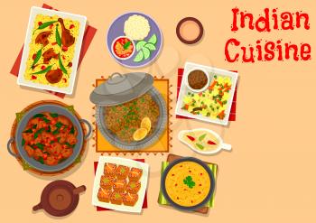 Indian cuisine dinner dishes with dessert icon of lamb and pork curry, chicken rice pilau, lentil chilli soup, lentil vegetable stew, pumpkin ginger cake, lamb spinach stew. Food theme design