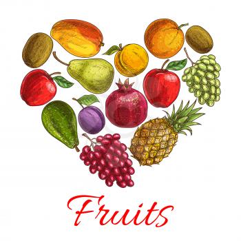 Fruit heart sketch poster. Love fruit symbol with fresh orange, apple, grape, pineapple, mango, plum, peach, kiwi, pear, avocado and pomegranate. Healthy dessert, drink and food design
