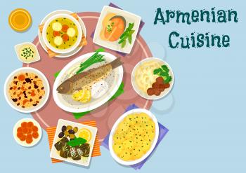 Armenian cuisine dinner dishes icon of baked fish with rice, lamb meatball soup, grape leaf roll, rice pilaf with dried fruit, meatball with mashed potato, trout steak with nut sauce, potato in milk